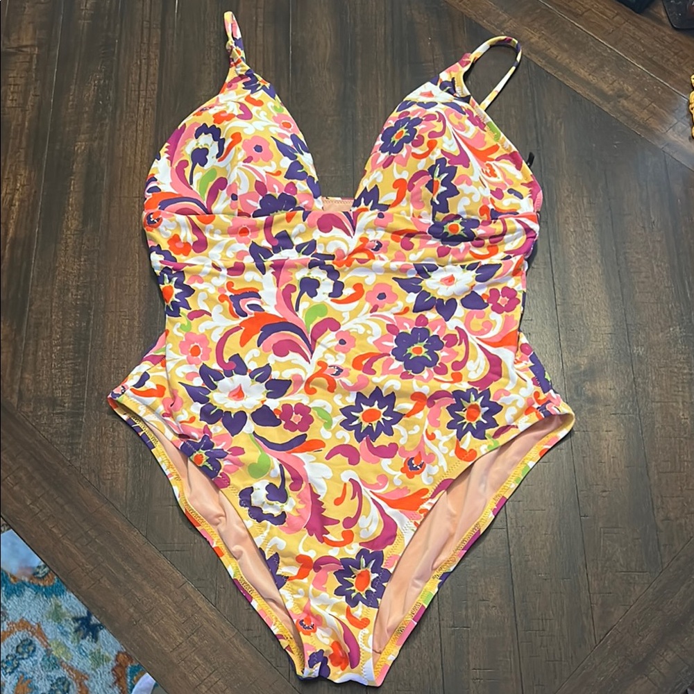 J. Crew One Piece Swimsuit in Orange and Purple with Ruched V-neckline